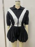 Women Color-Block Zip-Up Jacket and Paperbag-Waist Shorts Set