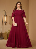 Plus Size Women's Elegant Round Neck Floral Embroidered Solid Chiffon Bridesmaid Party Dress