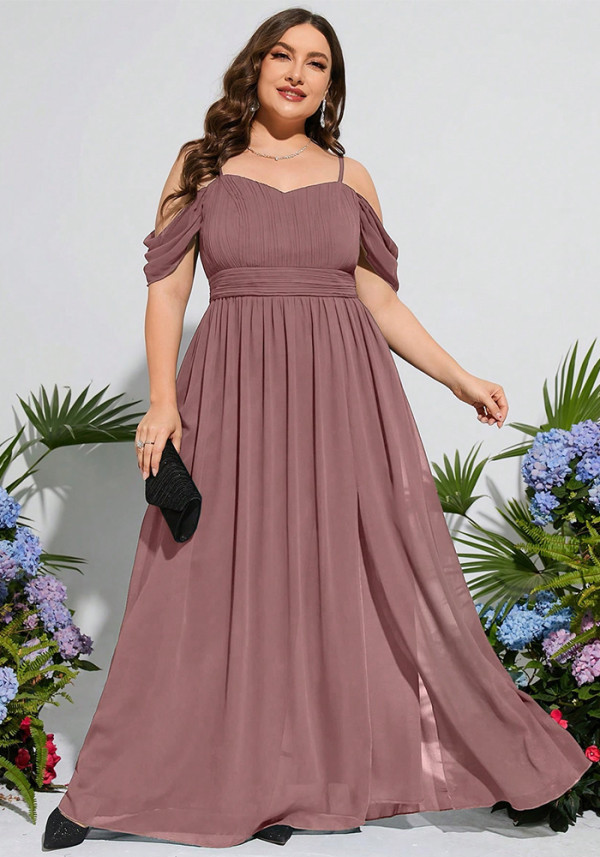 Plus Size Women's Off Shoulder Strap Chiffon Ruched Slim Waist A-Line High Slit Evening Gown