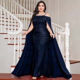Plus Size Women's Sequin Strap Off Shoulder Flutter Sleeve Mermaid Slim Fit Maxi Evening Gown
