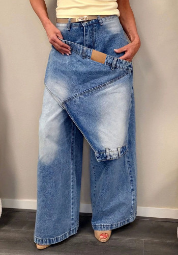 Women's Street Patchwork Faux Two-Piece Waist Wide Leg Denim Pants