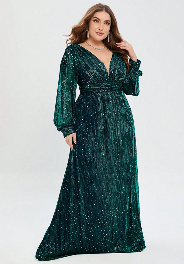 Plus Size Women's Formal Party Luxury Dark Green Sequin V-Neck Long Sleeve Slim Waist Maxi Evening Gown