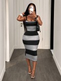 Women's Fashion Striped Low Neck Strap Slim Waist Bodycon Midi Dress