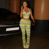 Women's Color Block Striped Print Halter Neck U-Neck Sleeveless Crop Top and Pants Two-Piece Set