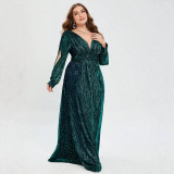 Plus Size Women's Formal Party Luxury Dark Green Sequin V-Neck Long Sleeve Slim Waist Maxi Evening Gown