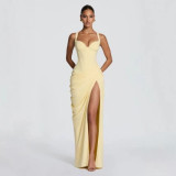 Women Sexy Strapless Formal Party Dress with Ruched Slit Detail