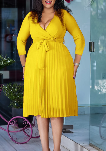 Women Casual Elegant Solid V-Neck Long-Sleeve Pleated Dress