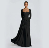 Women's Chic Solid Square Neck Ruched Slim Waist Long Dress
