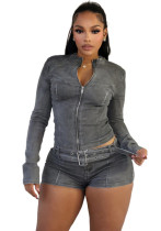 Women's Style Distressed Zip-Up Long Sleeve Denim Top and Shorts Set