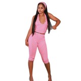 Women's Style Printed V-Neck Halter Neck Sleeveless Top Slim Pants Two-Piece Set