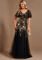 Spring Summer Women's Formal Party Double V-Neck Glitter Mesh Short Sleeve A-Line Maxi Evening Gown Spring Summer Women's Formal Party Double V-Neck Glitter Mesh Short Sleeve A-Line Maxi Evening Gown
