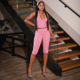 Women's Style Printed V-Neck Halter Neck Sleeveless Top Slim Pants Two-Piece Set