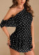 Women's Holidays Black and White Polka Dot Slash Shoulder Ruffle Hem Mini Dress