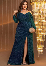 Plus Size Women's Formal Party Green Off Shoulder Long Sleeve High Slit Maxi Evening Gown