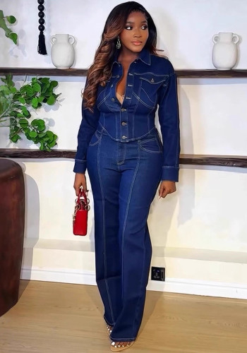 Women's Denim Long Sleeve Shirt and Wide Leg Pants Two-Piece Set