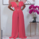 Women African-Style V-Neck Mesh Patchwork Pleated Wide-Leg Jumpsuit