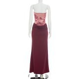 Women Square-Neck Lace & Line-Print Patchwork Pleated Dress
