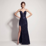 Women's Formal Party Chic Sequin Deep V-Neck Strap High Slit Maxi Evening Gown