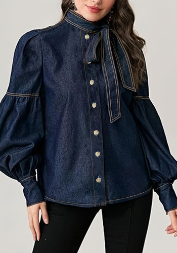 Women's Fashion Tie Bow Denim Shirt
