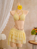 Women's Lace Trim Halter Neck Three-Piece Beach Bikini Swimsuit