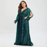 Plus Size Women's Formal Party Luxury Dark Green Sequin V-Neck Long Sleeve Slim Waist Maxi Evening Gown