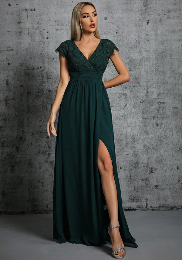 Women's Fashion V-Neck Slim Fit High Slit Prom Evening Dress