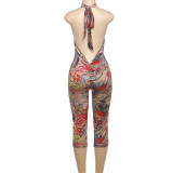 Women Summer Leopard-Print Backless Jumpsuit