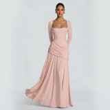 Women's Chic Solid Square Neck Ruched Slim Waist Long Dress