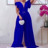 Women African-Style V-Neck Mesh Patchwork Pleated Wide-Leg Jumpsuit