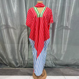 Women V-Neck Maxi Dress with African-Inspired Stripe Patchwork