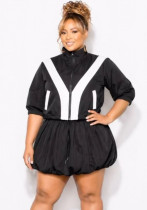 Women Color-Block Zip-Up Jacket and Paperbag-Waist Shorts Set