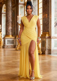 Women's Solid V-Neck Ruched Sleeveless High Slit Slim Waist Long Dress