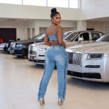 Women's Fashion Sexy Distressed High Stretch Fringe Denim Strap Jumpsuit