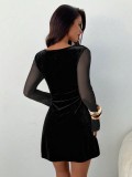 Women Black Velvet Square-Neck Bodycon Dress