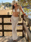 Women's Leaf Print Drawstring Lace-Up Three-Piece Bikini Swimsuit