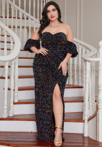 Women's Formal Party Black Off Shoulder Sequin Puff Sleeve High Slit Evening Gown Women's Formal Party Black Off Shoulder Sequin Puff Sleeve High Slit Evening Gown