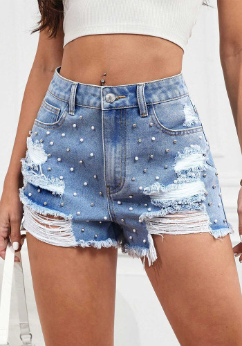 Women Pearl-Embellished Ripped Denim Shorts
