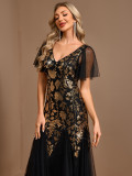 Spring Summer Women's Formal Party Double V-Neck Glitter Mesh Short Sleeve A-Line Maxi Evening Gown