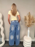 Women's Street Patchwork Faux Two-Piece Waist Wide Leg Denim Pants