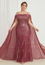 Plus Size Women's Sequin Strap Off Shoulder Flutter Sleeve Mermaid Slim Fit Maxi Evening Gown