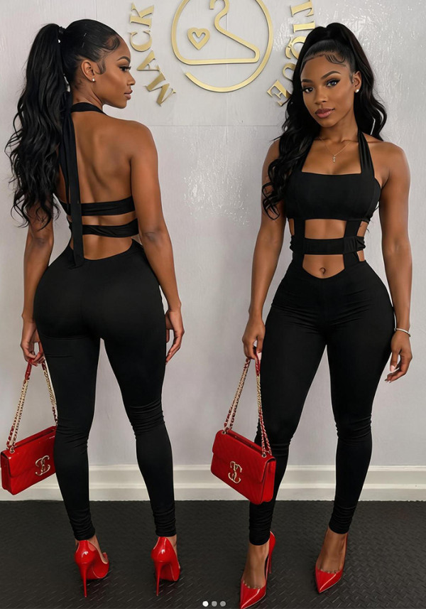 Summer Women's Fashion Solid Cutout Lace-Up Sleeveless High Waist Slim Fit Jumpsuit
