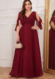 Plus Size Women's Elegant V-Neck Solid Chiffon Lace-Up Slim Waist Bridesmaid Party Dress