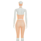 Spring/Summer Women's Striped Print Halter Neck Low Back Top, Headband & High-Waist Capri Pants Set