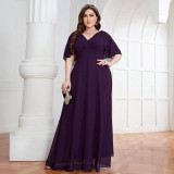 Plus Size Women's Formal Party Purple V-Neck Flutter Sleeve Chiffon Slim Fit Maxi Evening Gown