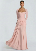Women's Chic Solid Square Neck Ruched Slim Waist Long Dress Women's Chic Solid Square Neck Ruched Slim Waist Long Dress