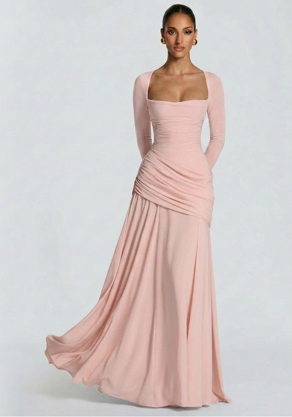 Women's Chic Solid Square Neck Ruched Slim Waist Long Dress
