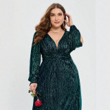 Plus Size Women's Formal Party Luxury Dark Green Sequin V-Neck Long Sleeve Slim Waist Maxi Evening Gown