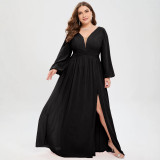 Plus Size Women's Black V-Neck Pleated Chiffon Long Sleeve High Slit Maxi Evening Gown
