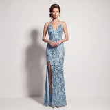 Women's Formal Party Chic Sequin Deep V-Neck Strap High Slit Maxi Evening Gown
