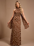 Summer Women's Polka Dot Halter Neck Tie Collar Sleeveless A-Line Evening Dress